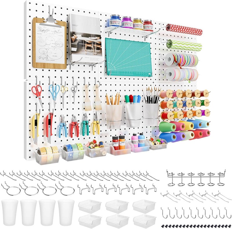 FZK Peg Board, 6PCS Metal Pegboard Wall Organizer Kit. Heavy Duty Pegboard, Peg Boards, Pegboard for Walls, White Pegboard for Garage Craft Room Workbench Office Kitchen Tool Organization - Image 1